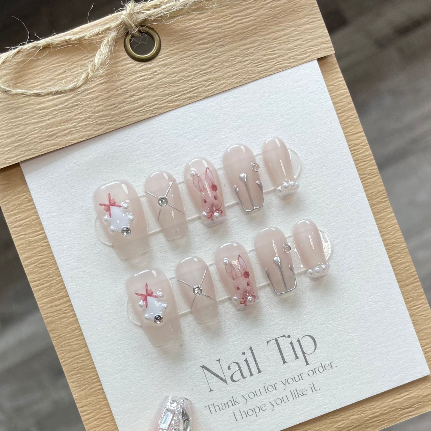 734 rabbit style press on nails 100% handmade false nails nude color pink