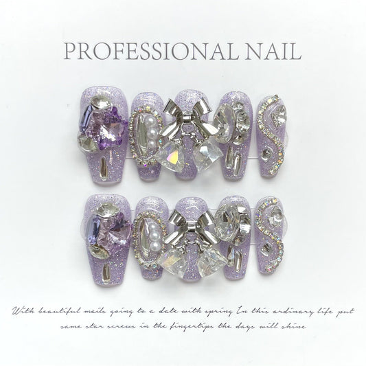 553 Purple Rhinestone style press on nails 100% handmade false nails purple