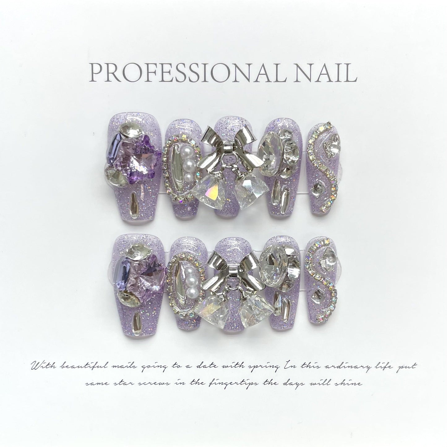 553 Purple Rhinestone style press on nails 100% handmade false nails purple