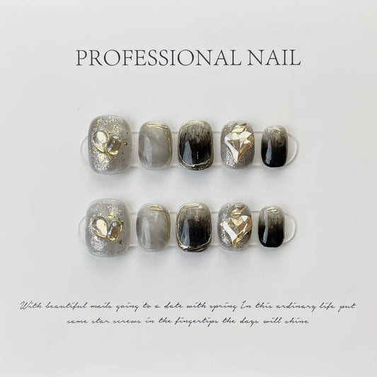 552 champagne stijl press on nagels 100% handgemaakte kunstnagels zwart grijs