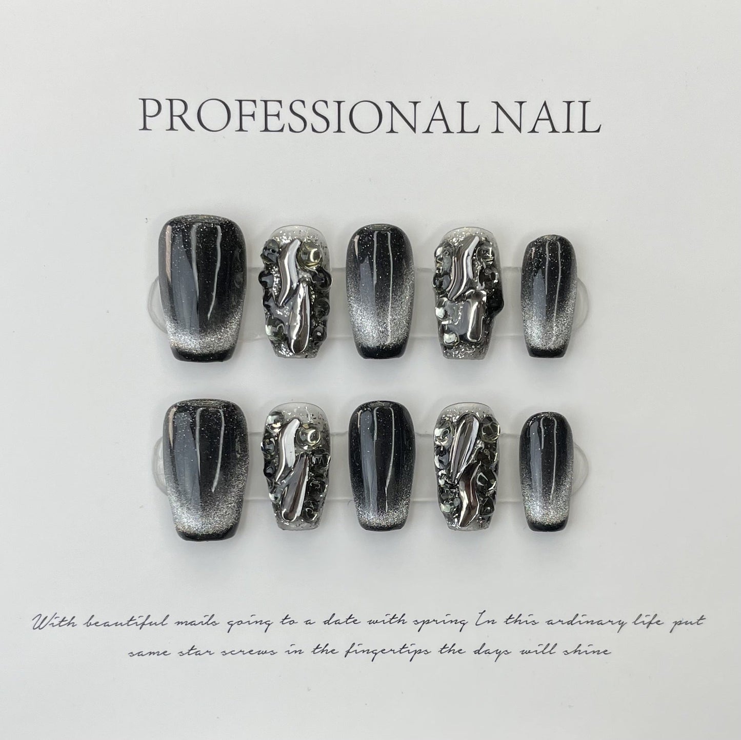 601/602 French Black Cateye Effect  press on nails 100% handmade false nails black