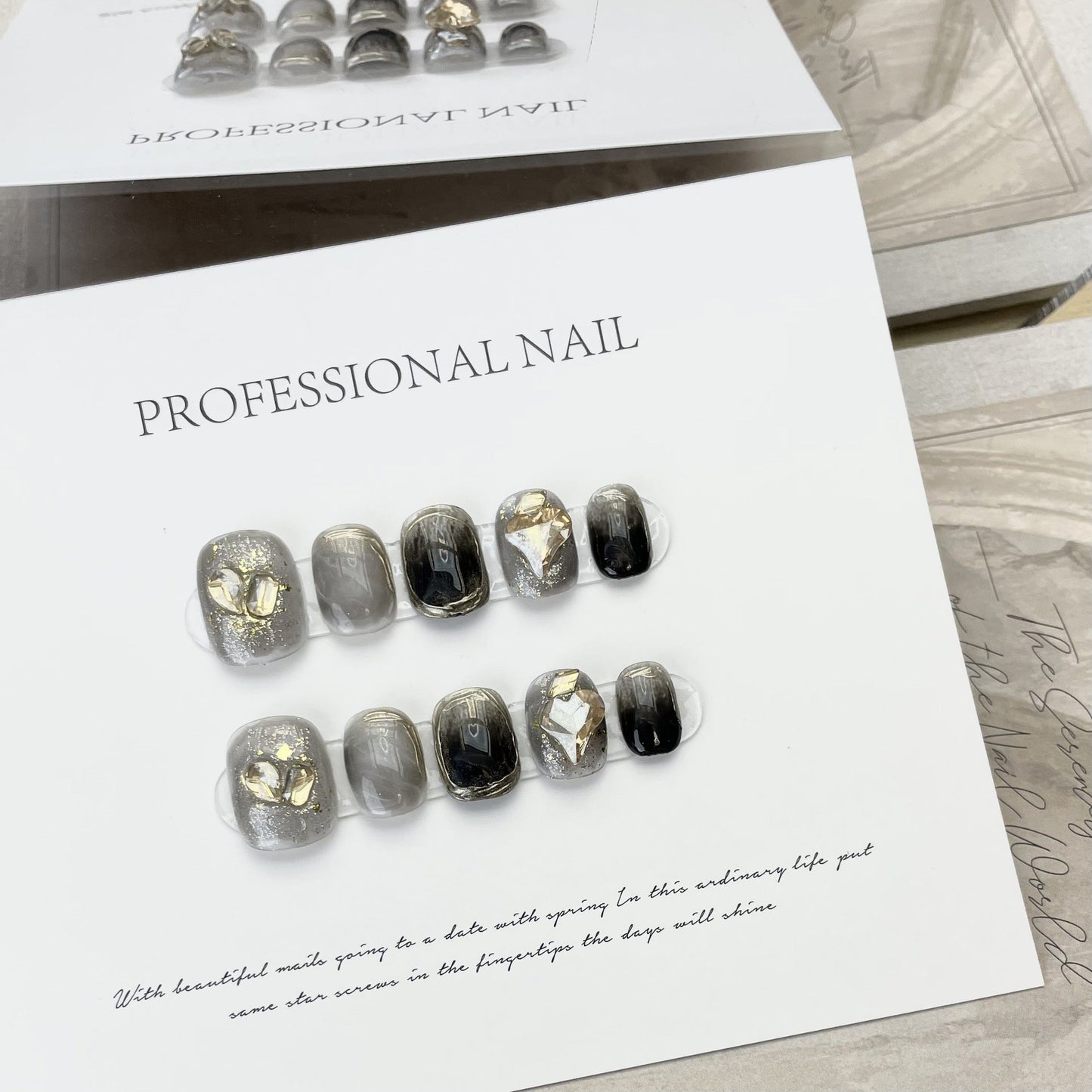 552 champagne style press on nails 100% handmade false nails black gray