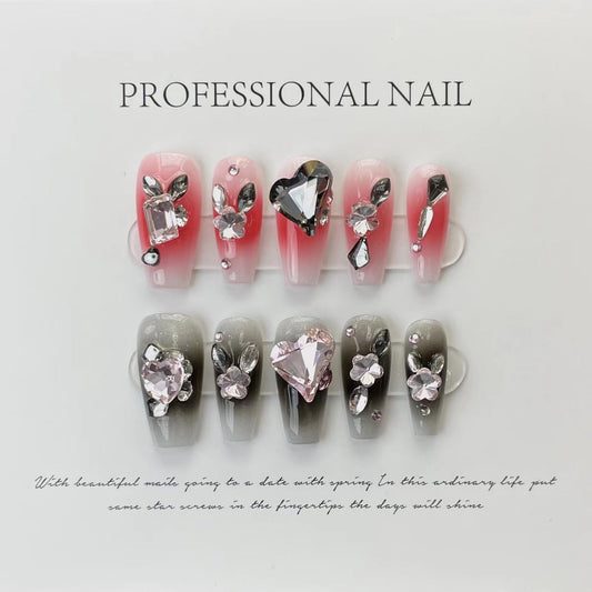 551 Double Color style press on nails 100% handmade false nails pink black