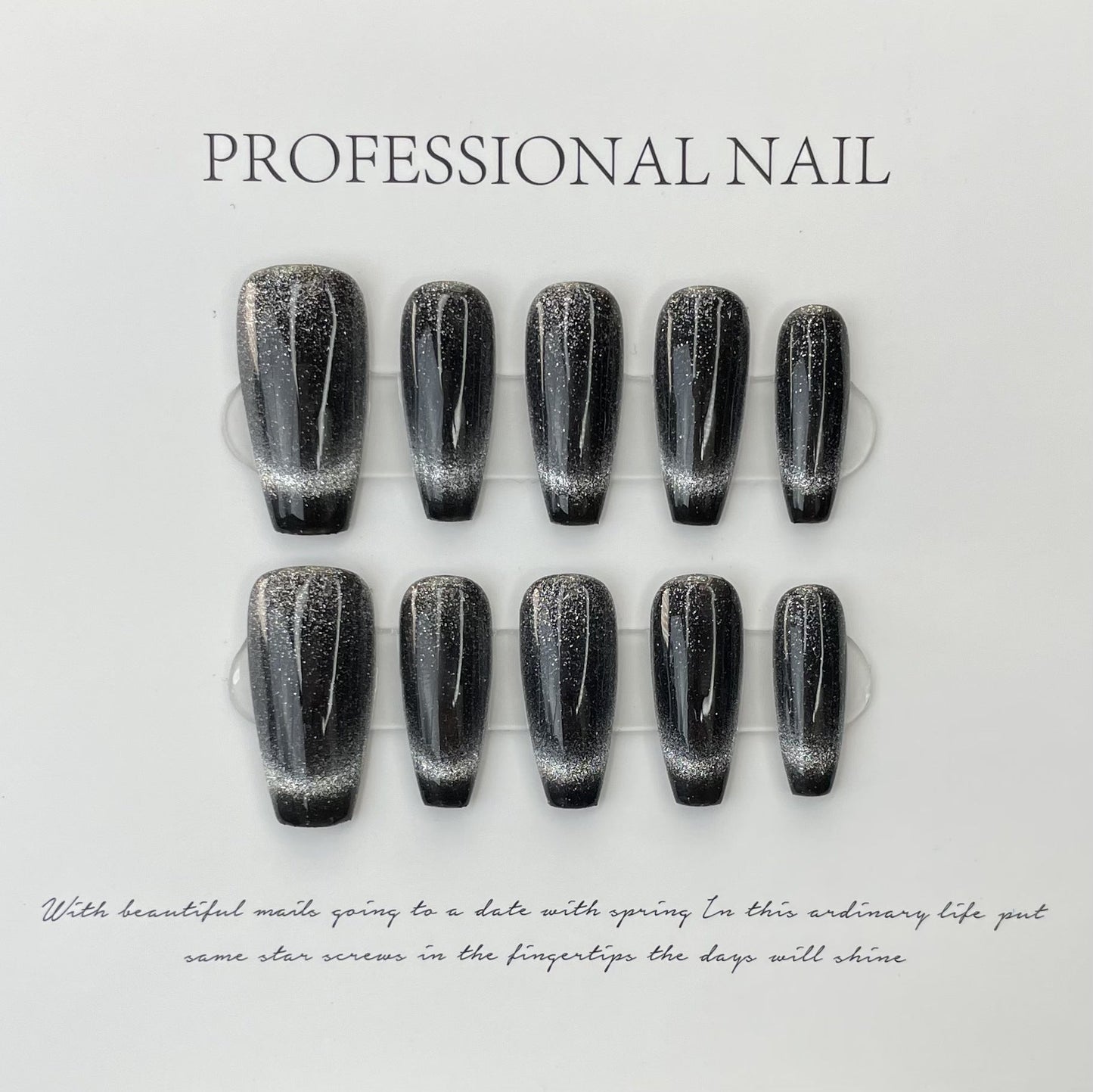 599/600 French Black Cateye Effect  press on nails 100% handmade false nails black