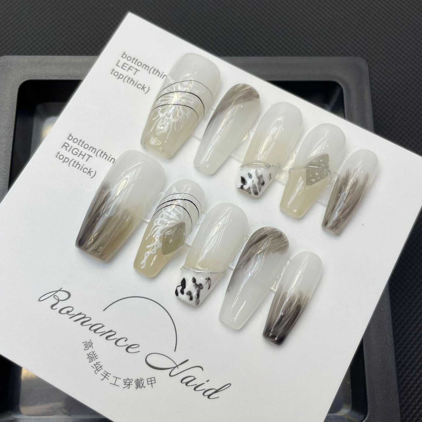 677 Chinese style style press on nails 100% handmade false nails white gray