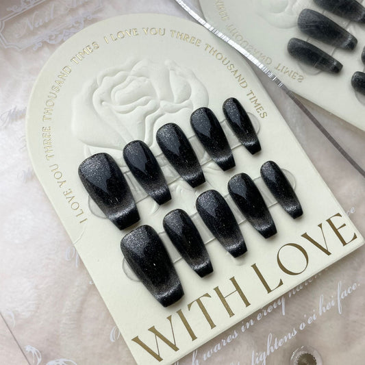 599/600 French Black Cateye Effect  press on nails 100% handmade false nails black