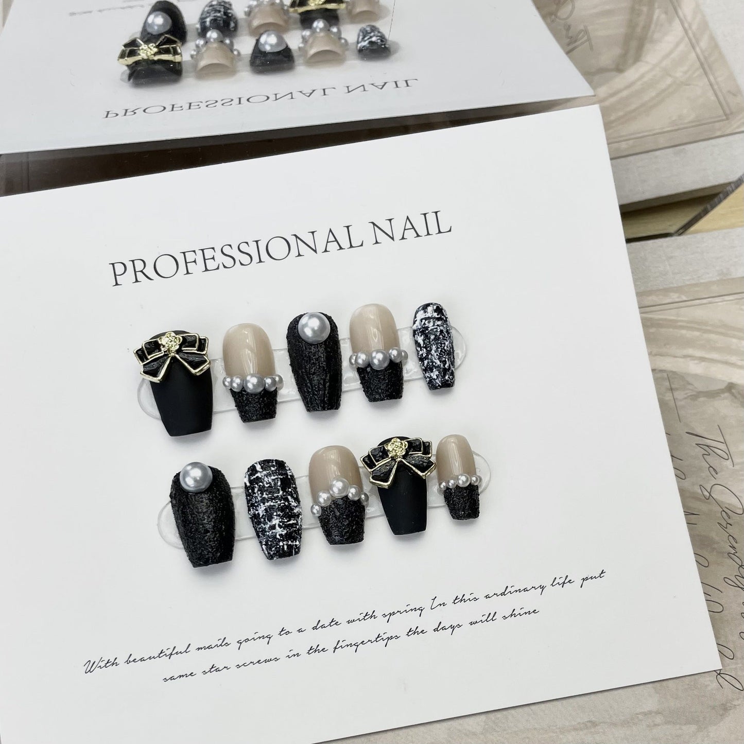 548 Black woolen fabric style press on nails 100% handmade false nails black nude color