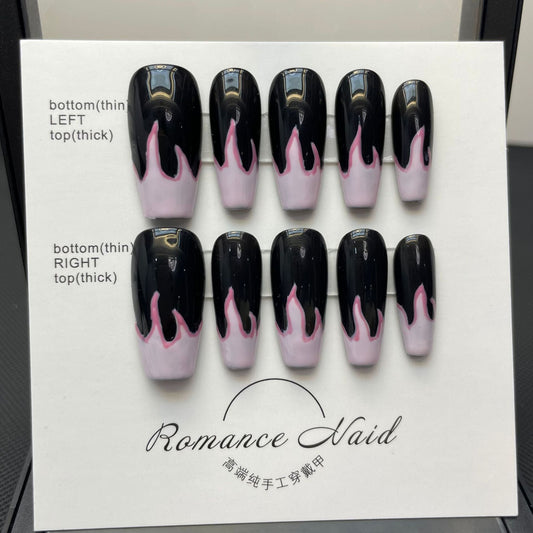 672 style flammes nocturnes presse sur ongles 100% faux ongles faits à la main noir rose