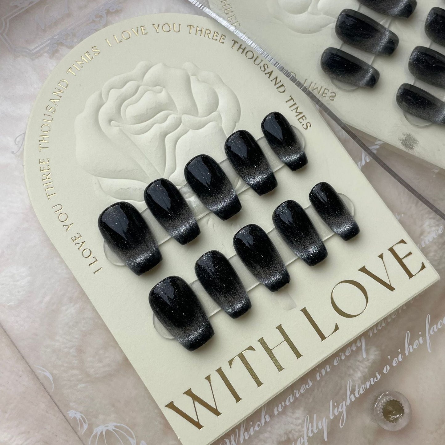 599/600 French Black Cateye Effect press-on-nagels 100% handgemaakte kunstnagels zwart