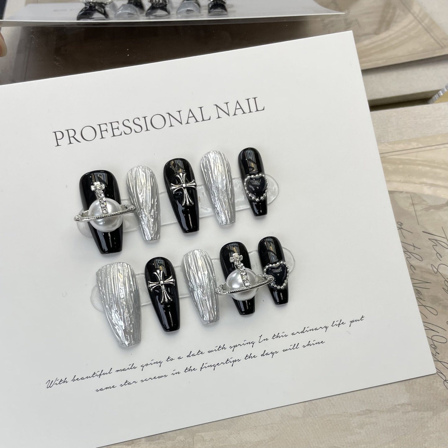 523 black style press on nails 100% handmade false nails black sliver