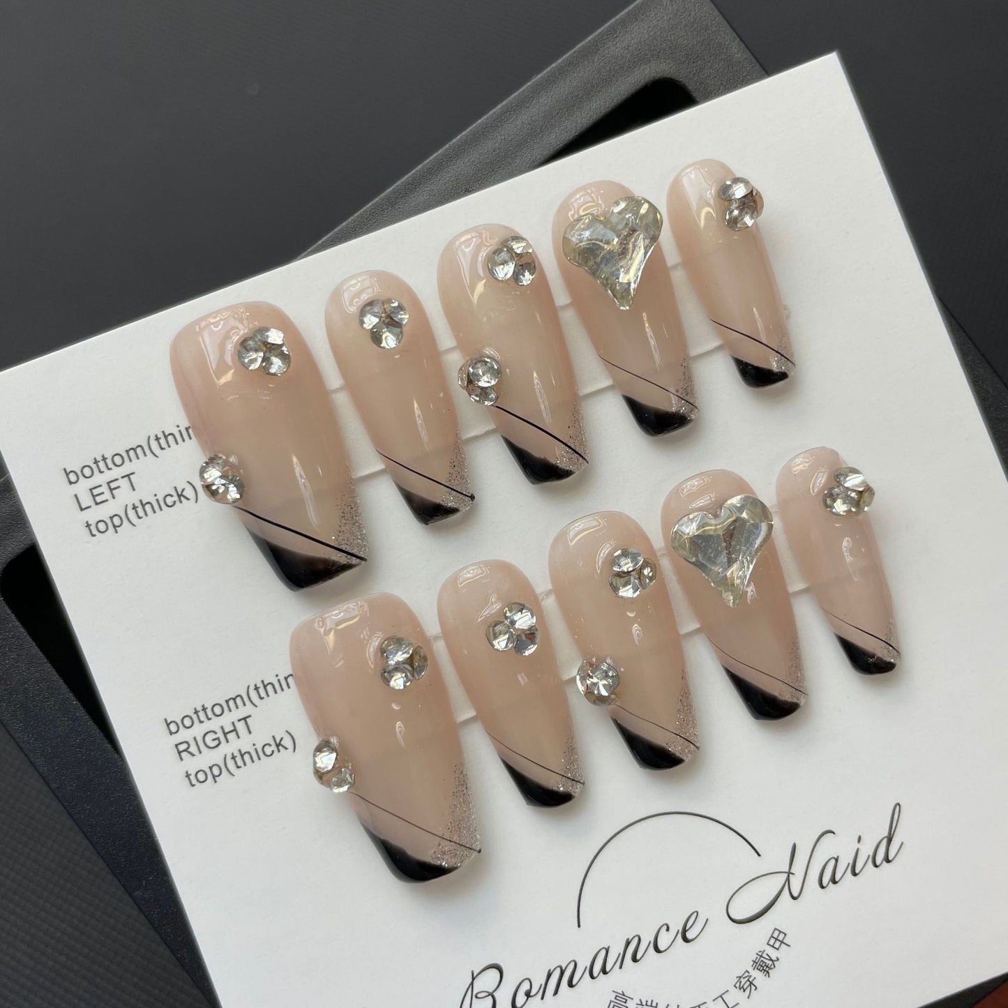 654 French style press on nails 100% handmade false nails nude color black