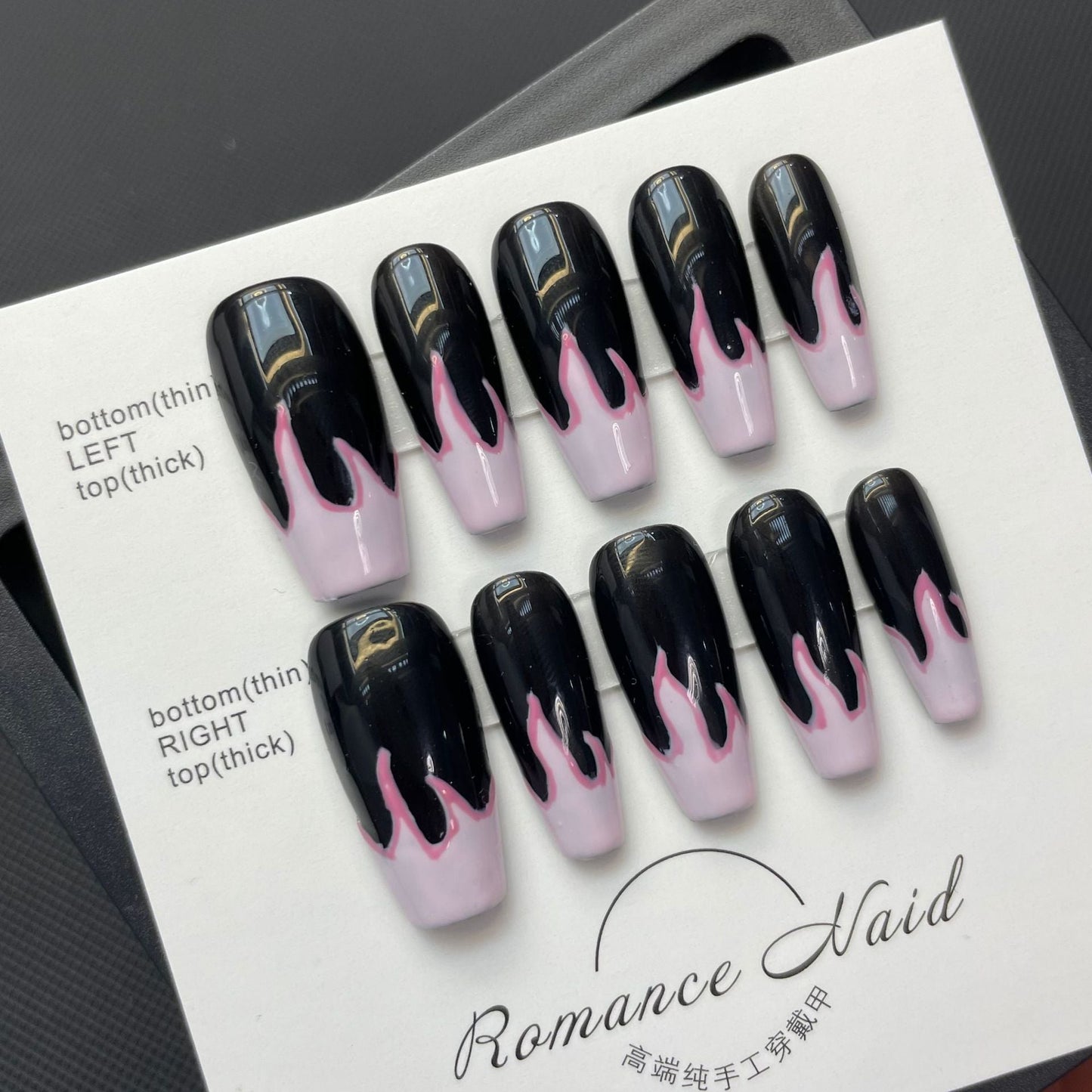 672 style flammes nocturnes presse sur ongles 100% faux ongles faits à la main noir rose