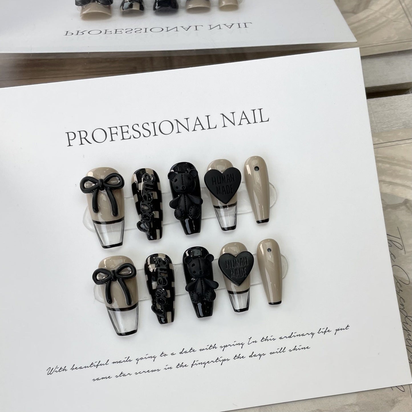 598 French Grizzly Bear press on nails 100% handmade false nails black nude color