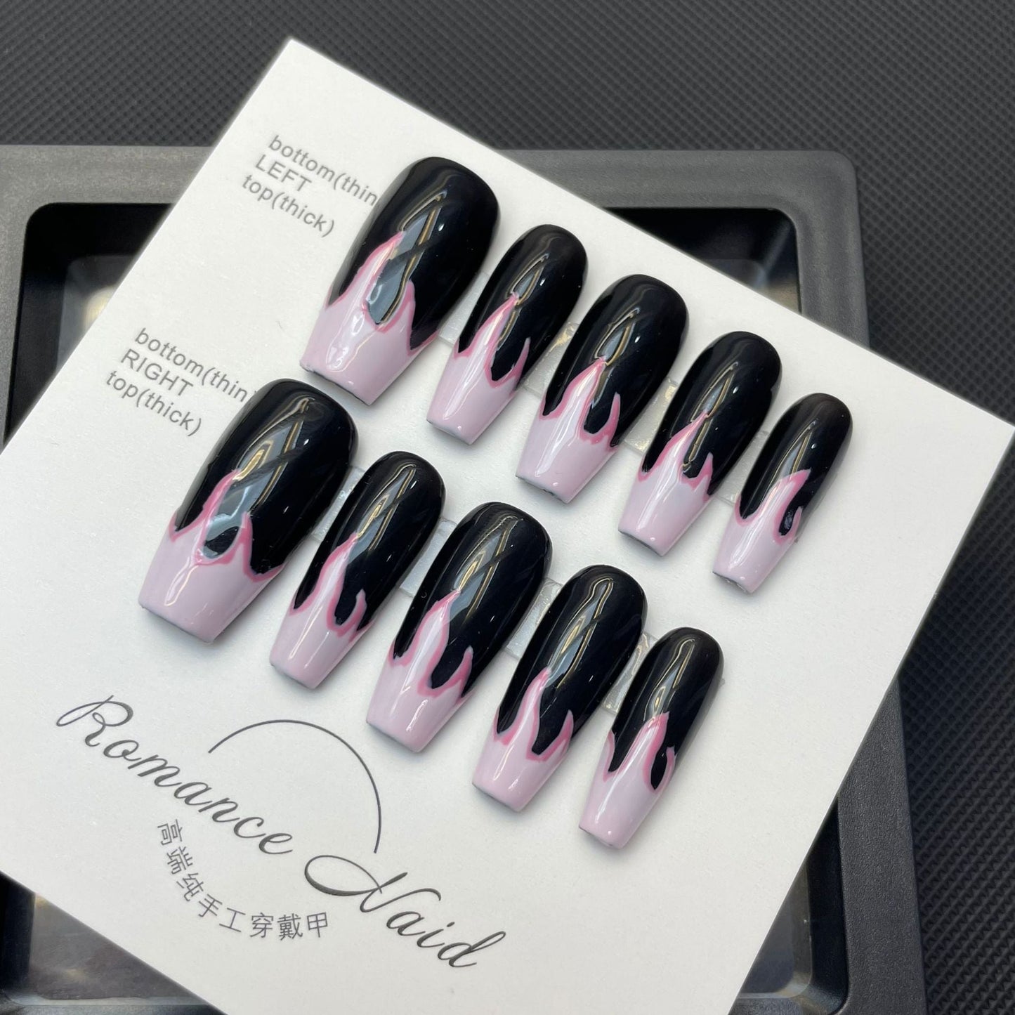 672 Night flames style press on nails 100% handmade false nails black pink