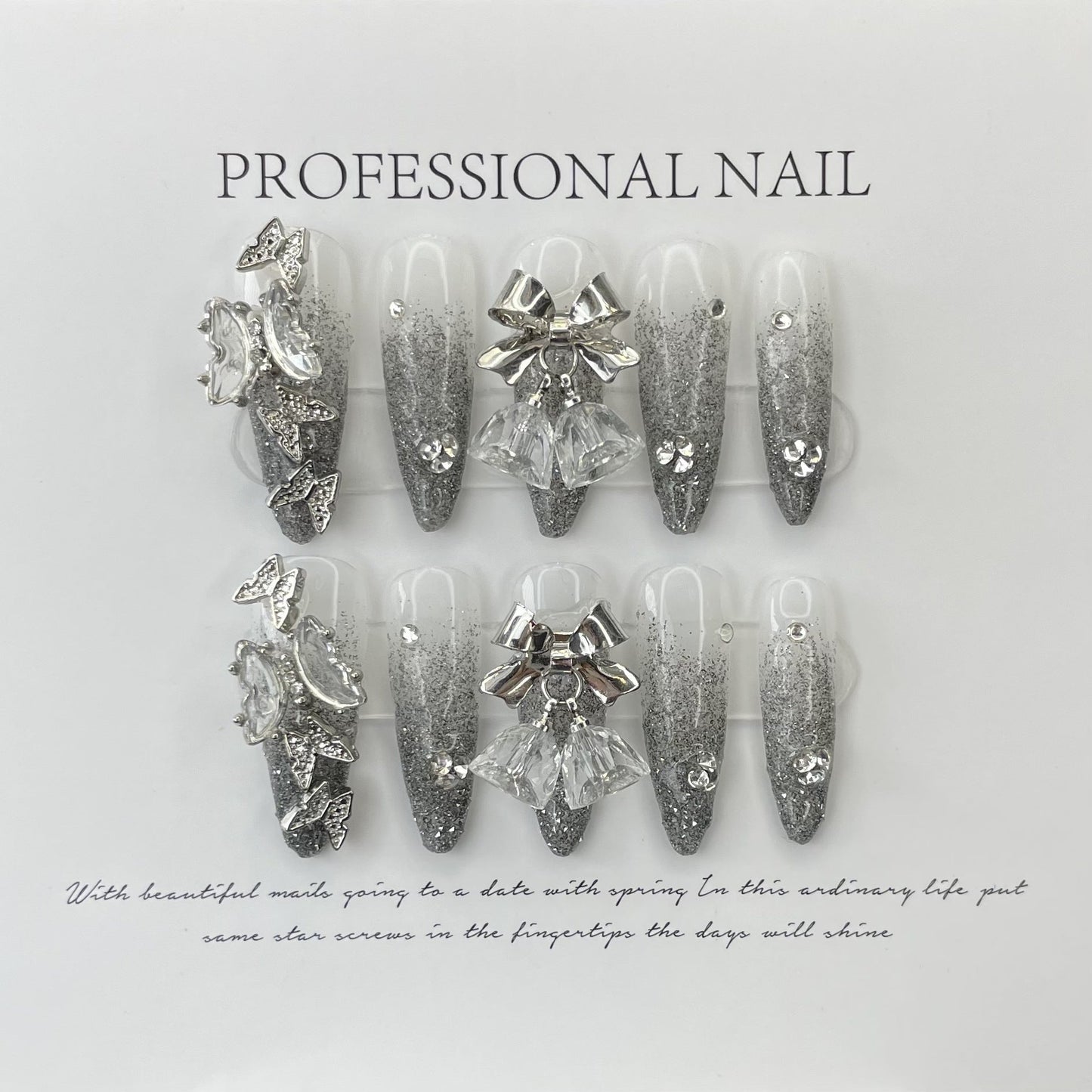 596 Silver Butterfly press on nails 100% handmade false nails sliver