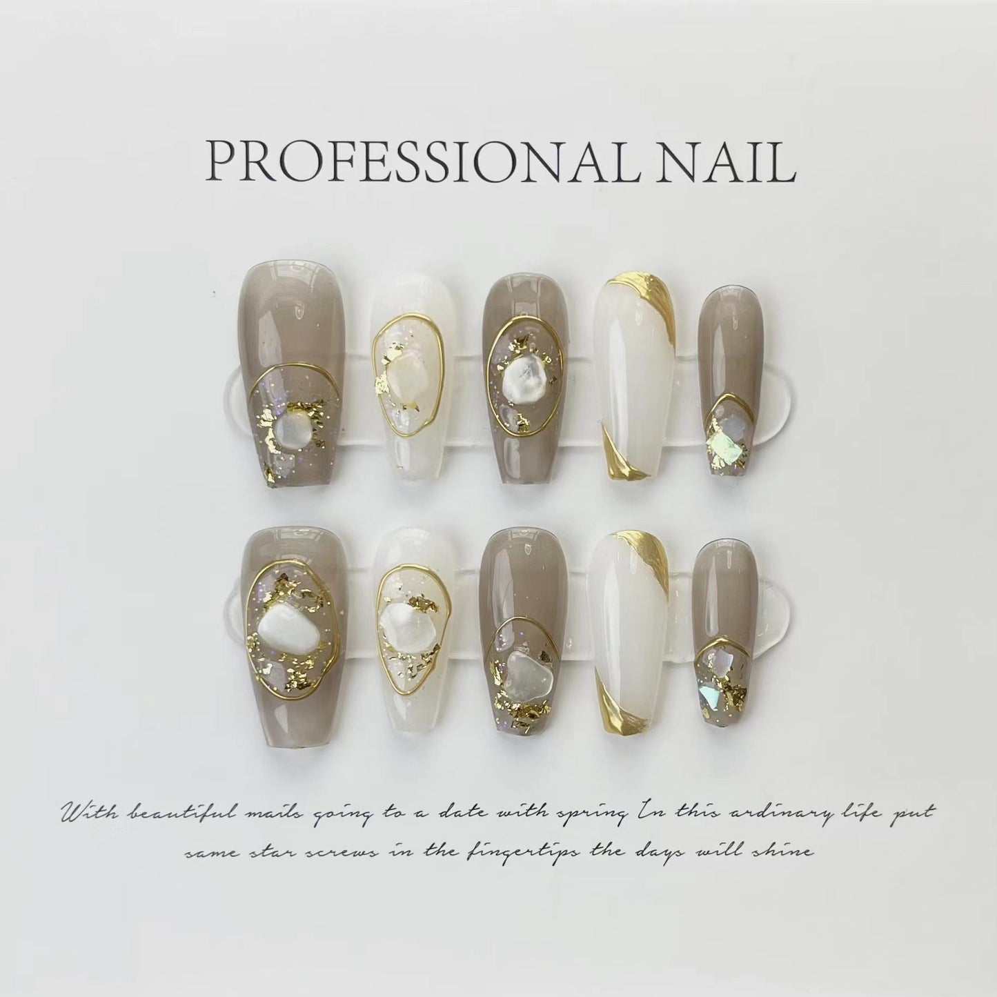 542 shell style press on nails 100% handmade false nails golden gray white