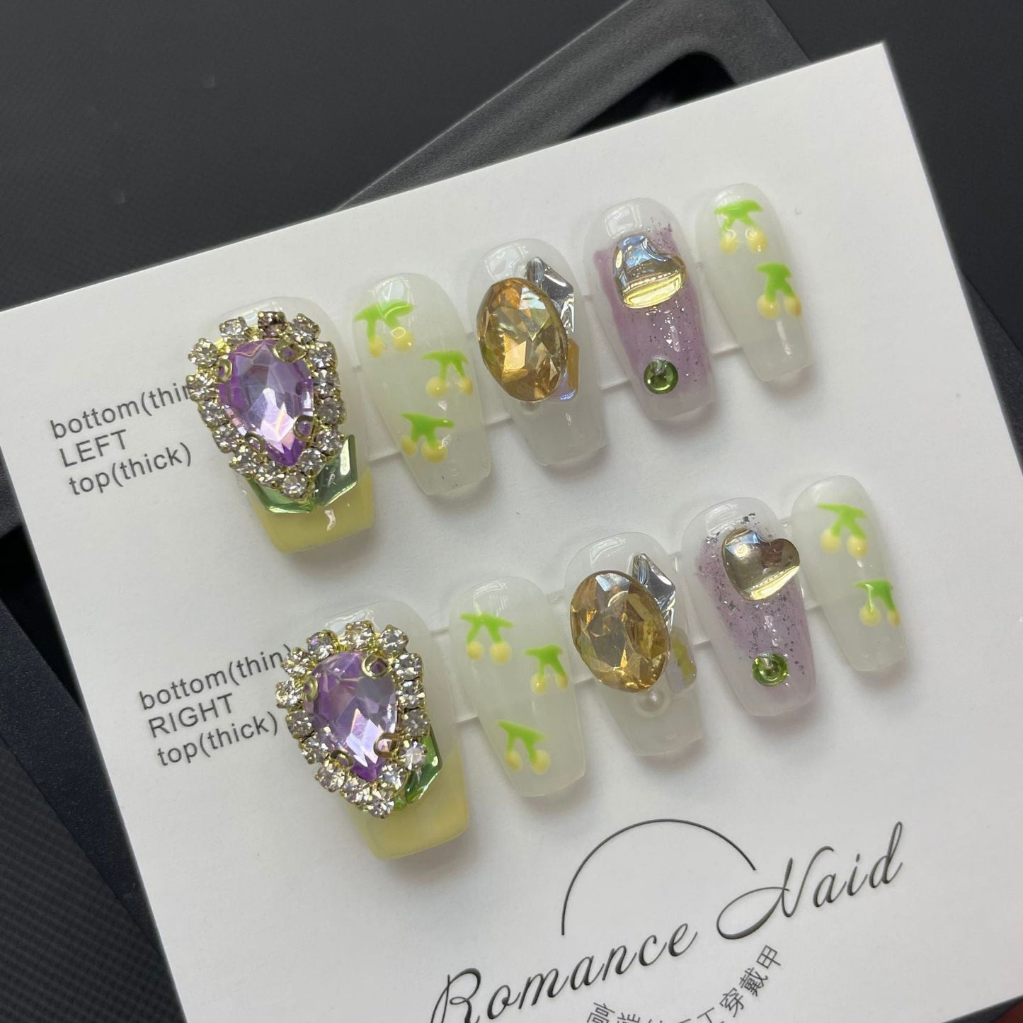 667 Fresh Rhinestone style press on nails 100% handmade false nails yellow purple