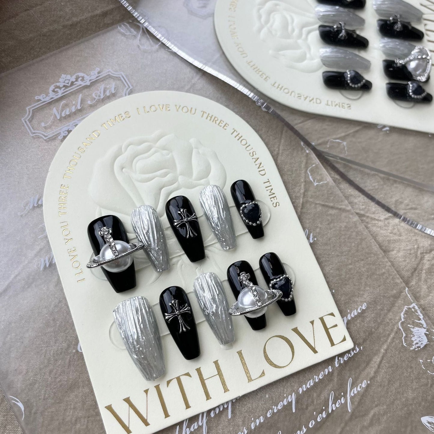 523 black style press on nails 100% handmade false nails black sliver