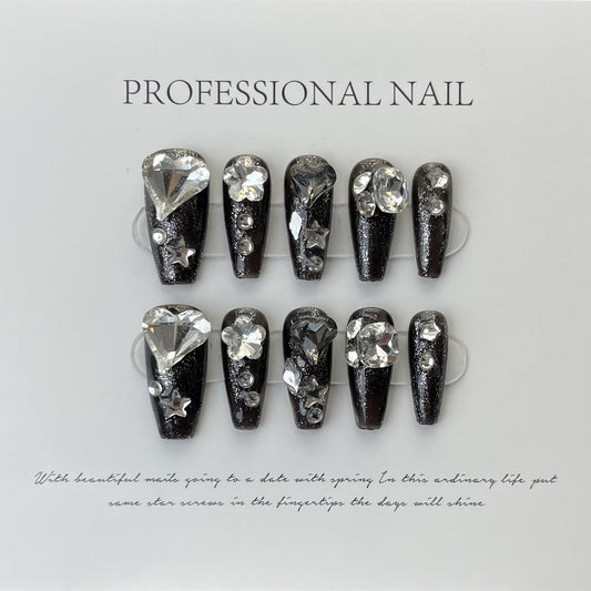 538 Black rhinestone style press on nails 100% handmade false nails black