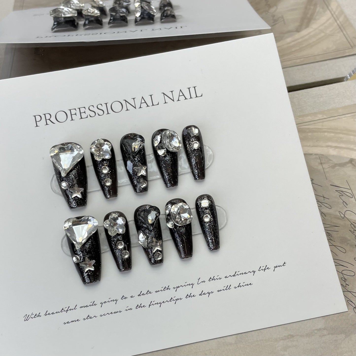 538 Black rhinestone style press on nails 100% handmade false nails black