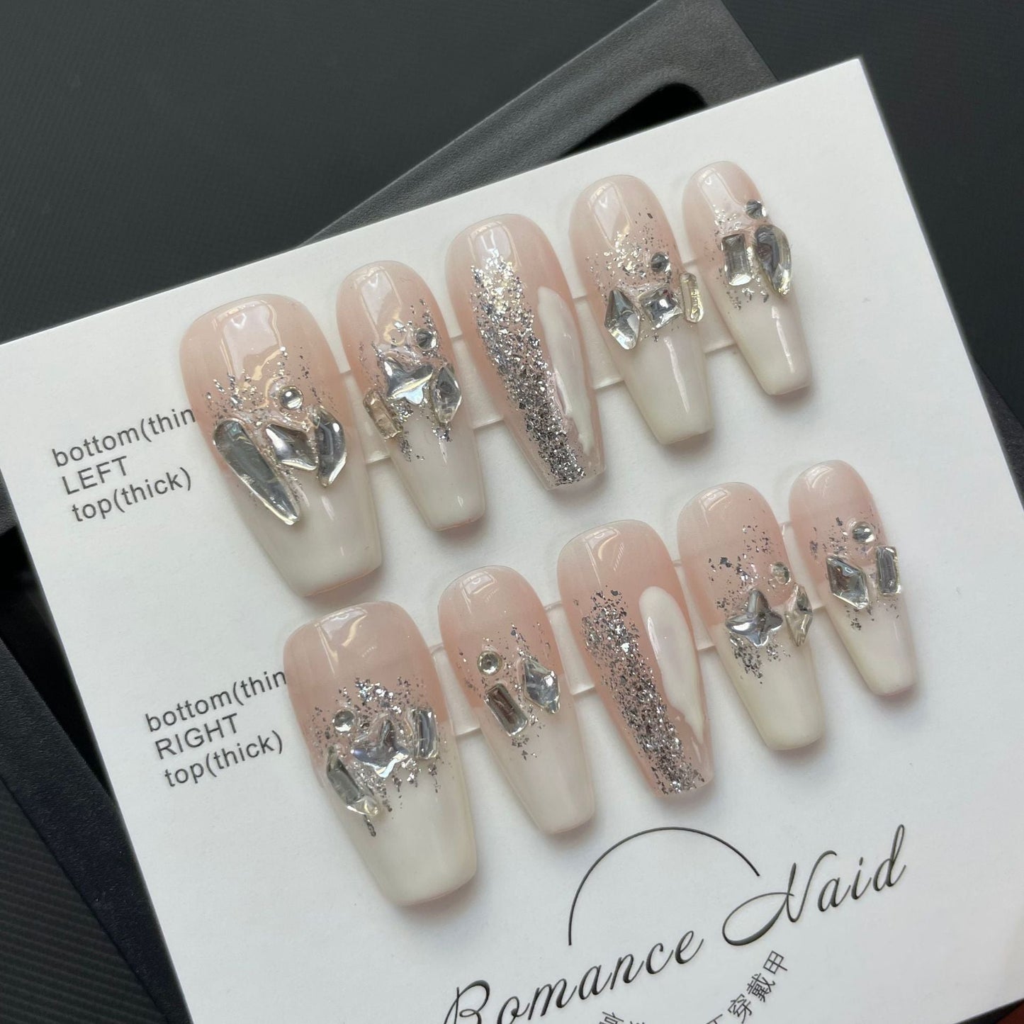 662 presse de style strass sur les ongles 100% faux ongles faits à la main rose blanc