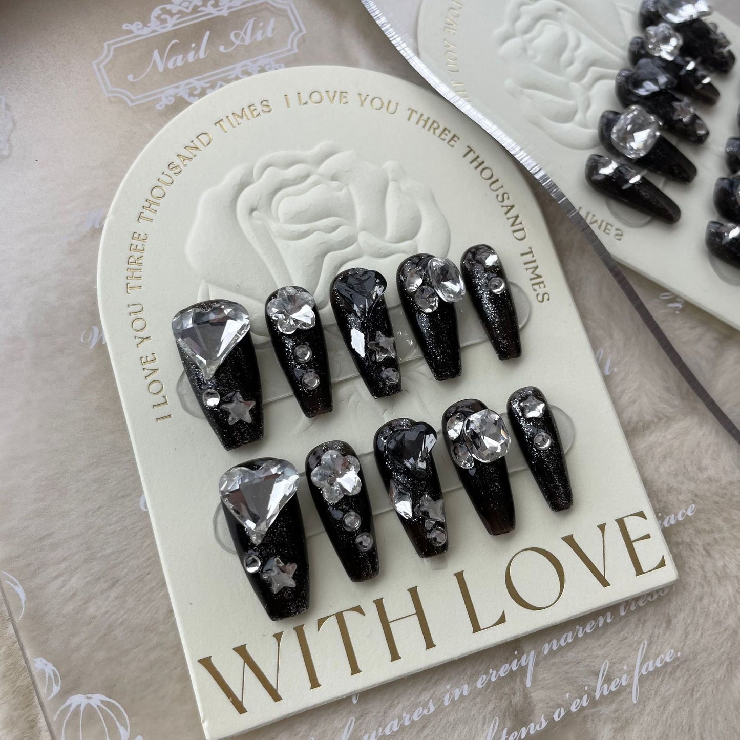538 Black rhinestone style press on nails 100% handmade false nails black