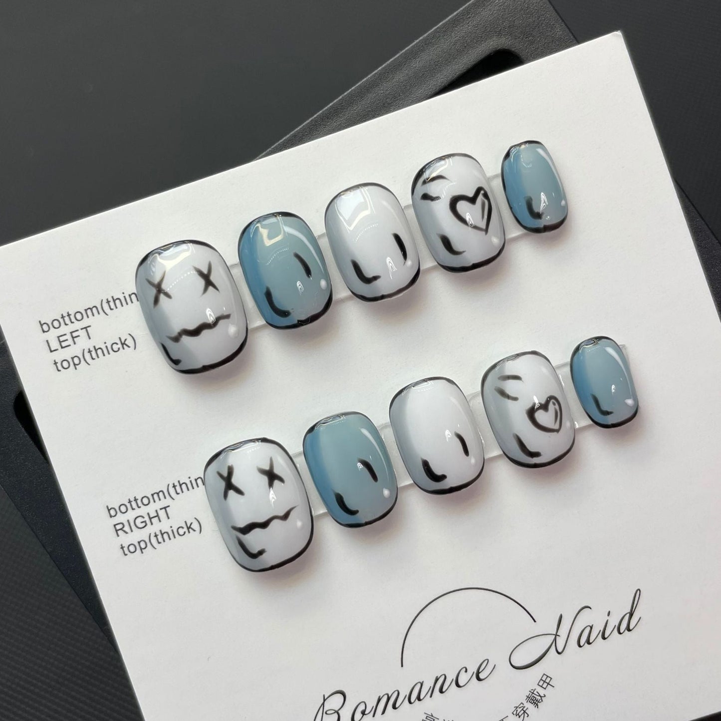 635 Hand drawn cartoon press on nails 100% handmade false nails blue sliver