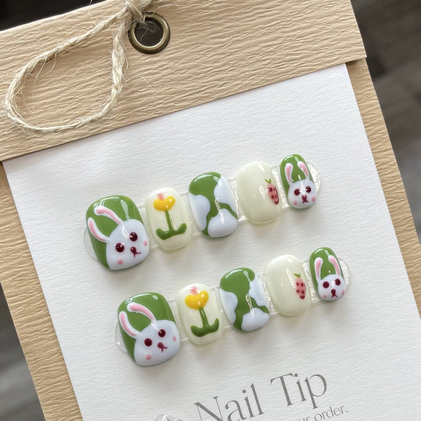 742 Cute Rabbit style press on nails 100% handmade false nails white green