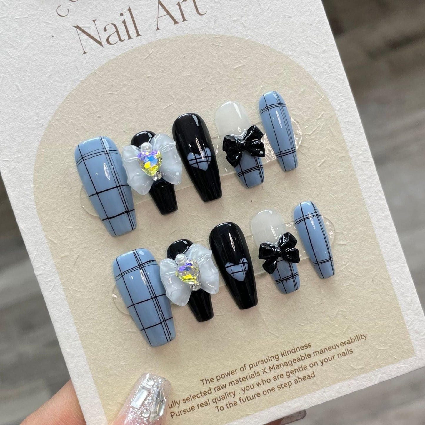740 Checkered bow style press on nails 100% handmade false nails blue black