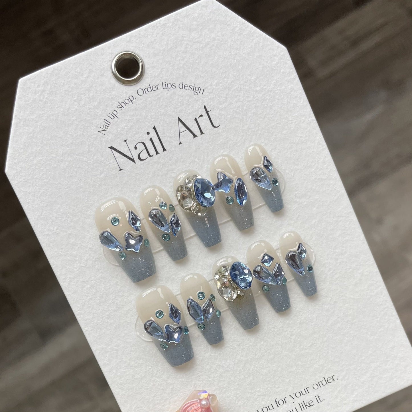 904 Haze Blue style press on nails 100% handmade false nails white blue