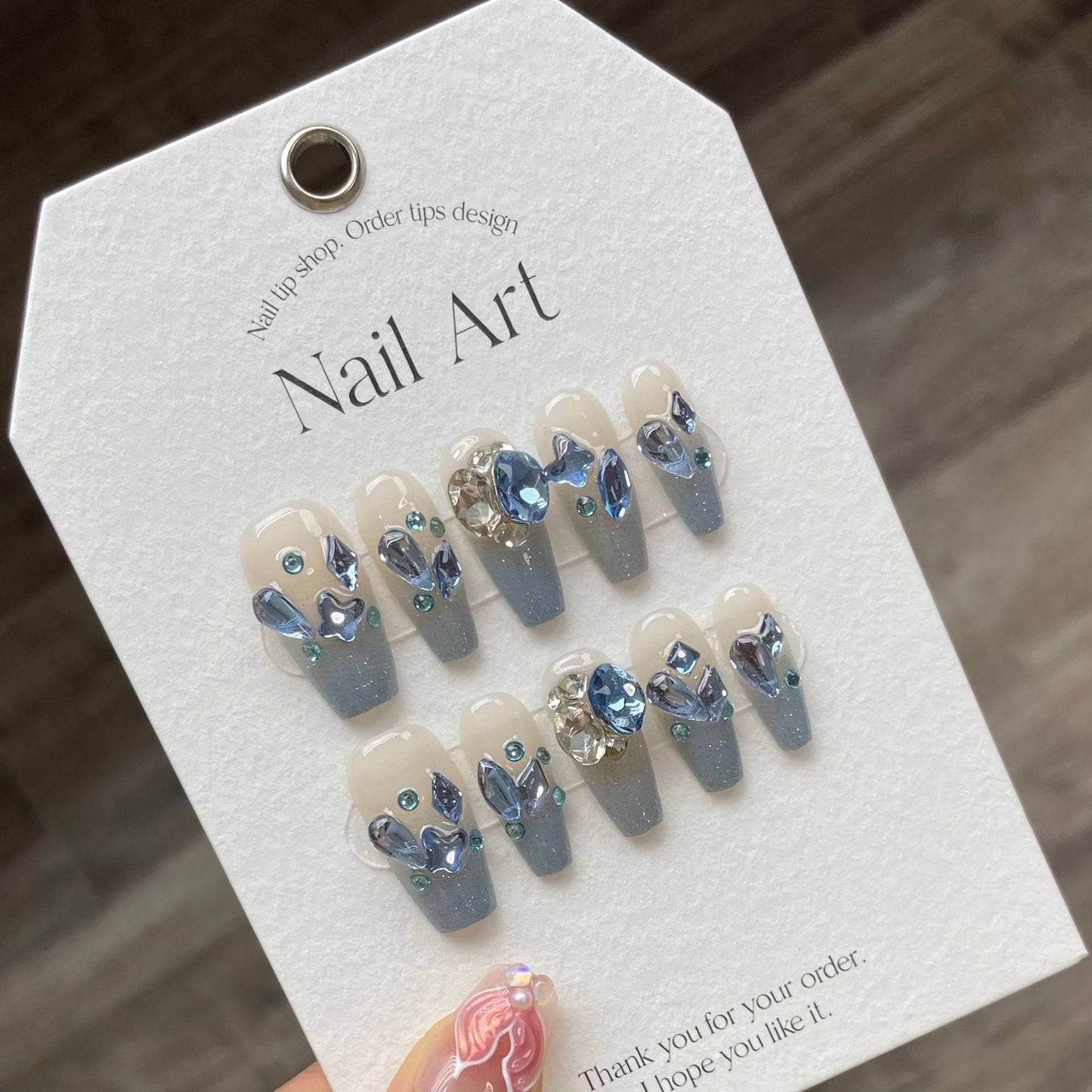 904 Haze Blue style press on nails 100% handmade false nails white blue