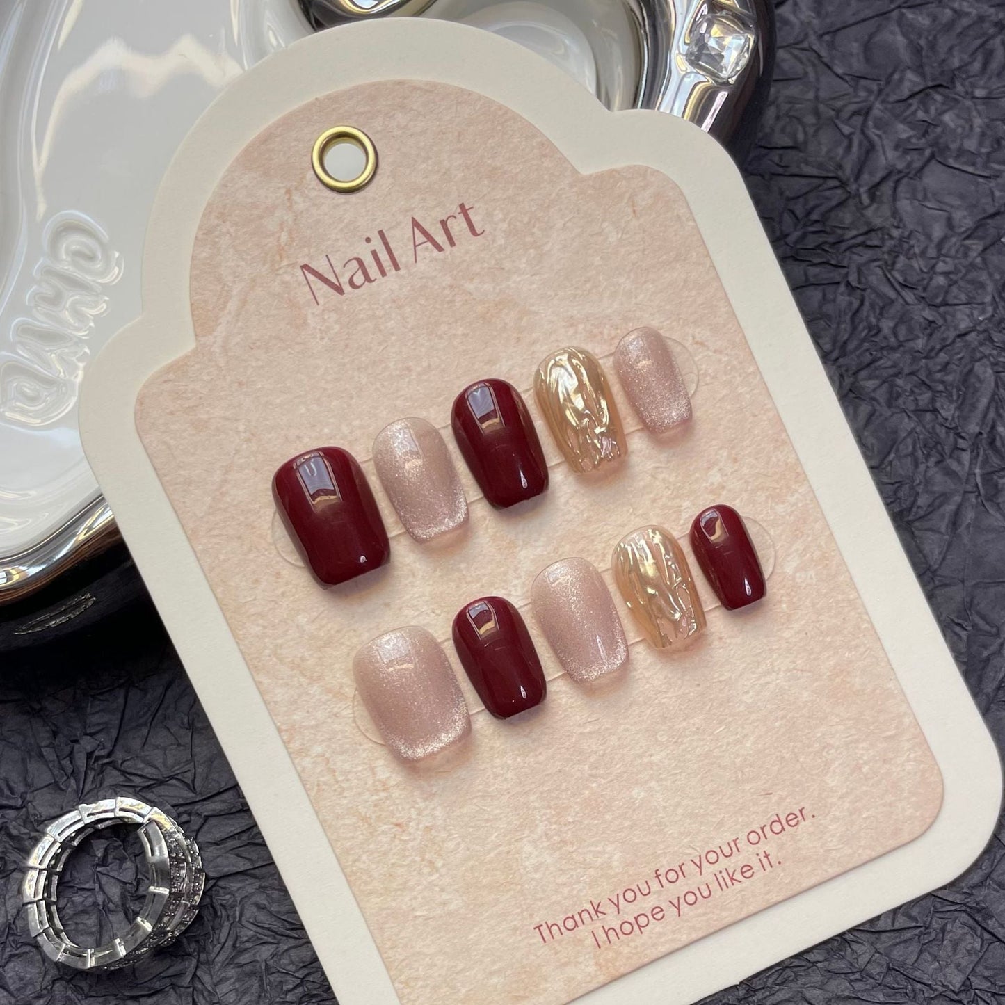 1211 Cateye Effect style press on nails 100% handmade false nails red golden pink