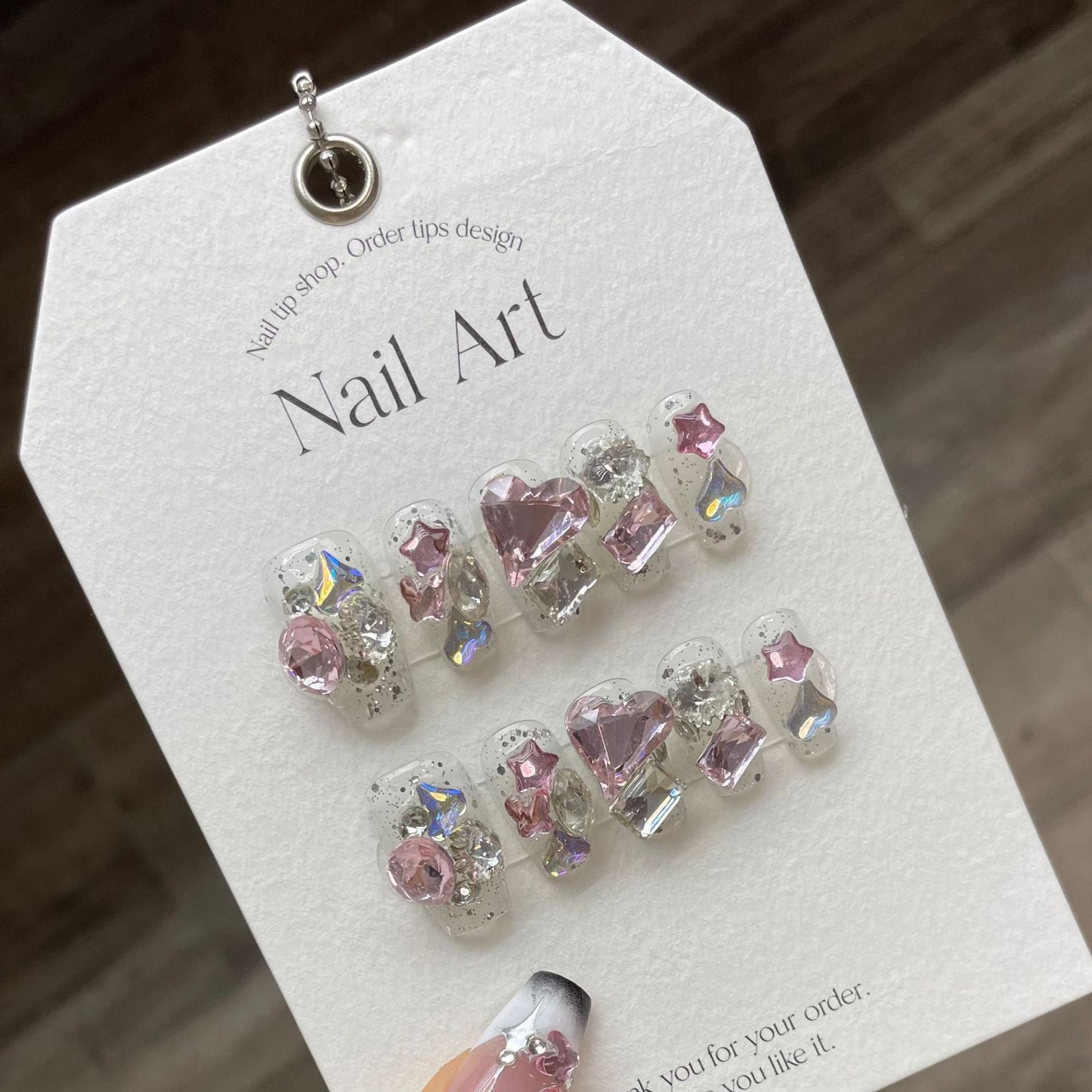 897 Strass-stijl pers op nagels 100% handgemaakte kunstnagels wit roze