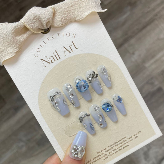 848 Presse de style strass sur les ongles 100% faux ongles faits à la main bleu