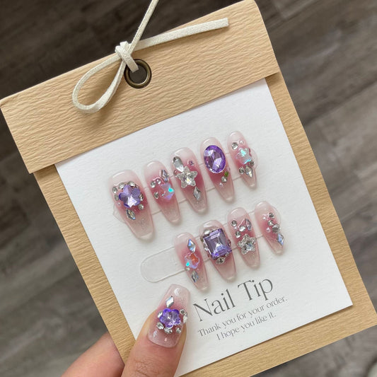 839 Presse de style strass sur les ongles 100% faux ongles faits à la main rose