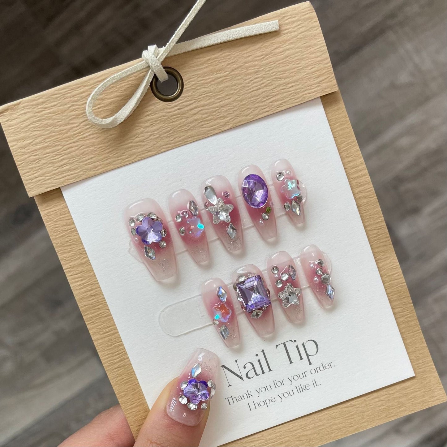 839 Rhinestone style press on nails 100% handmade false nails pink