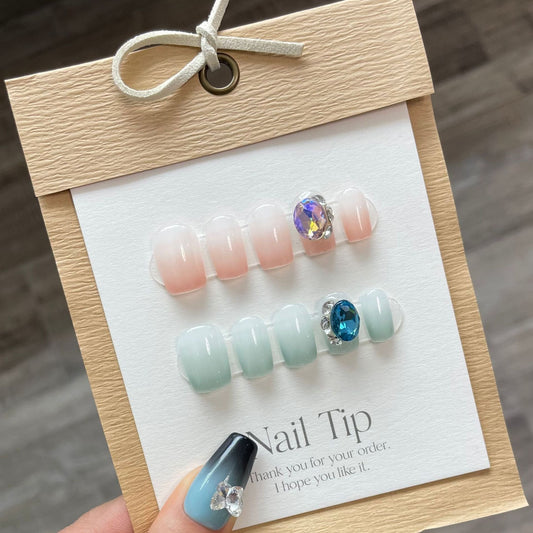 814 Presse de style dégradé sur les ongles 100% faux ongles faits à la main rose bleu