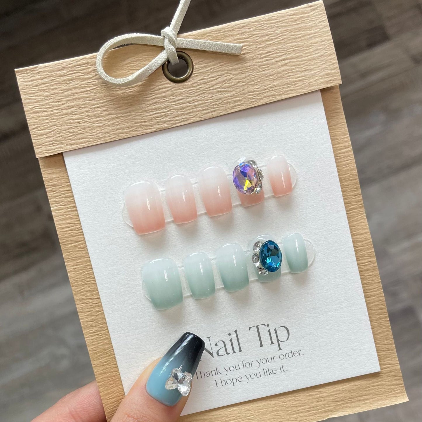 814 Verloopstijl pers op nagels 100% handgemaakte kunstnagels roze blauw