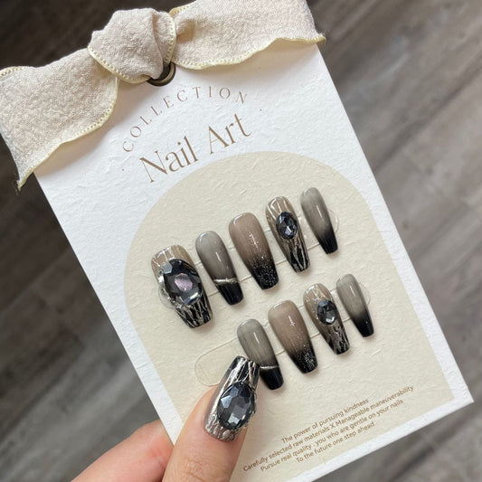 813 Presse de style elfes de la nuit sur les ongles 100% faux ongles faits à la main noir