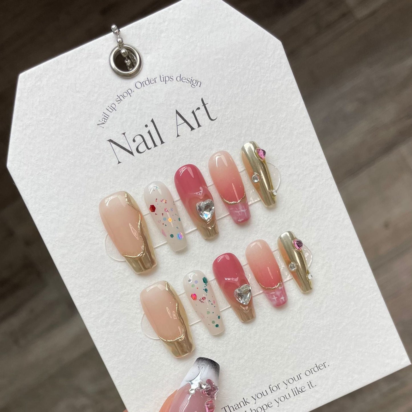 879 senior style press on nails 100% handmade false nails pink golden