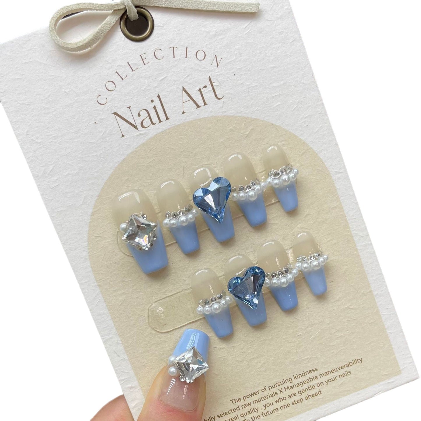 874 Pearl French style presse sur ongles 100% faux ongles faits à la main bleu