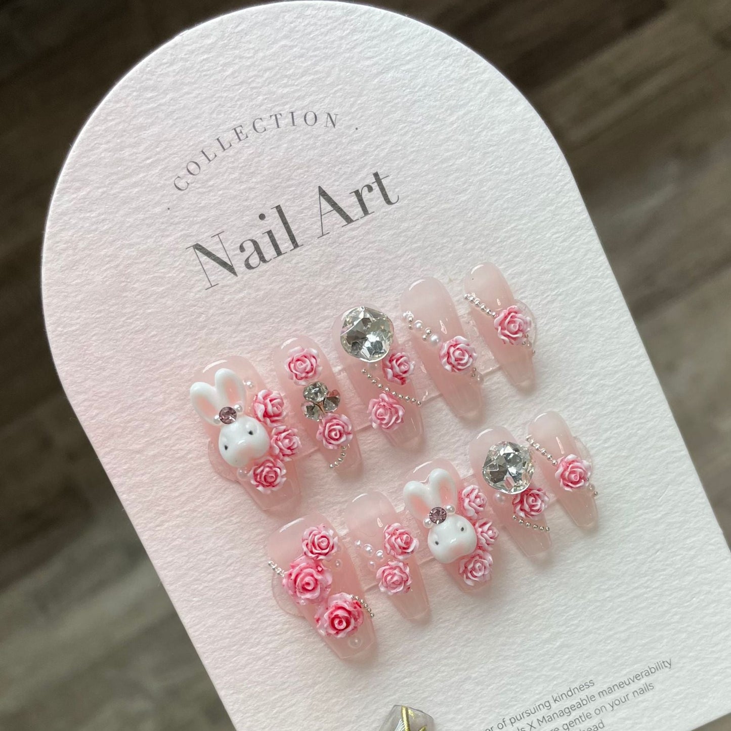 855 Rabbit Flower-stijl press-on-nagels 100% handgemaakte kunstnagels roze