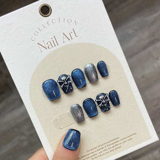 876/878 Pirate Cat's Eye-stijl press-on-nagels 100% handgemaakte kunstnagels blauw