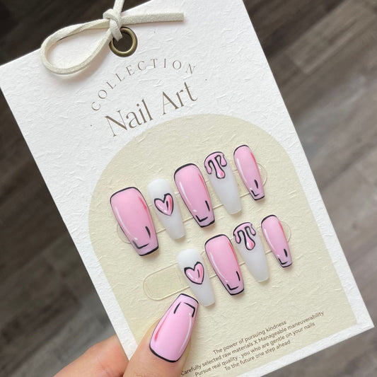 791 Handgetekende anime-stijl pers op nagels 100% handgemaakte kunstnagels roze wit