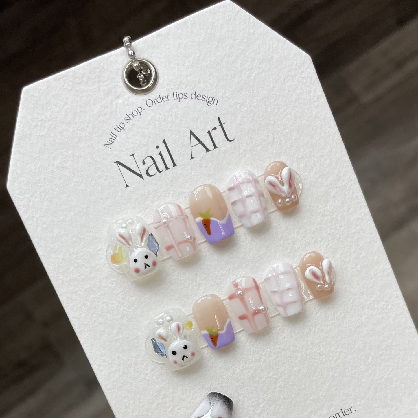 892 Hand drawn rabbit style press on nails 100% handmade false nails nude color white