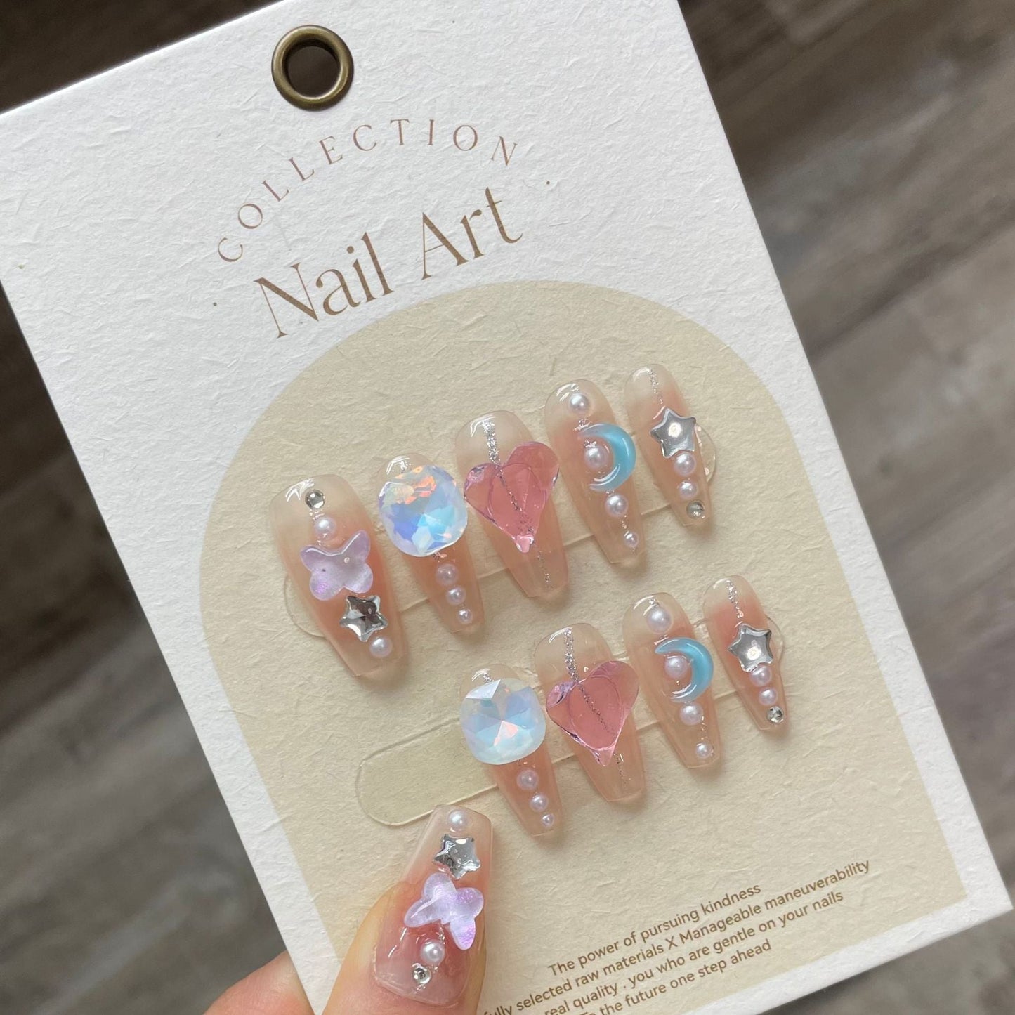 788/790 Moon and stars style press on nails 100% handmade false nails nude color pink