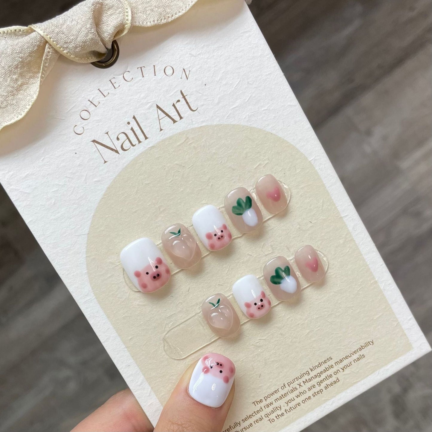 828 Handdrawn Piglet style press on nails 100% handmade false nails white nude color