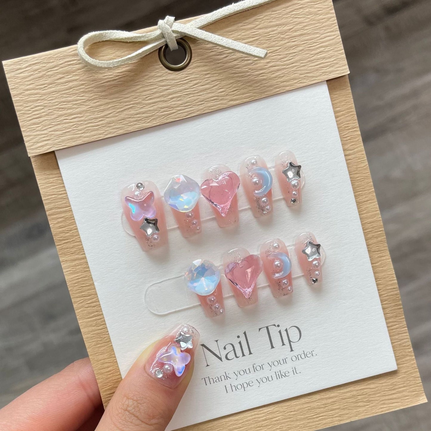 788/790 Moon and stars style press on nails 100% handmade false nails nude color pink