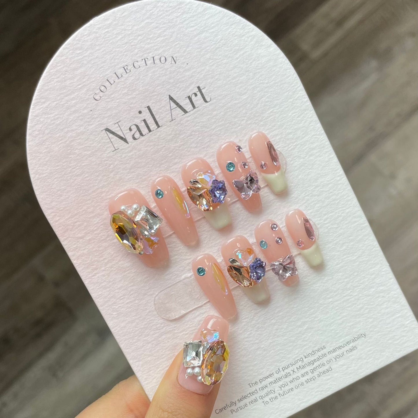 804 Franse strass-stijl pers op nagels 100% handgemaakte kunstnagels roze nude kleur