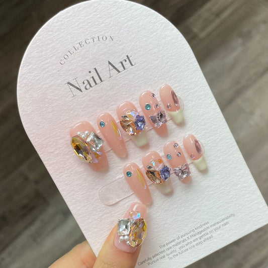 804 Presse de style strass français sur les ongles 100% faux ongles faits à la main couleur chair rose